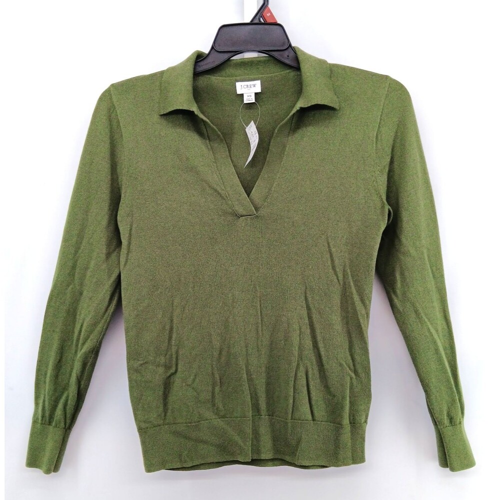 J Crew Shirt Women Size XS Sage Green Long Sleeve Collared Split V Neck Knit NWT